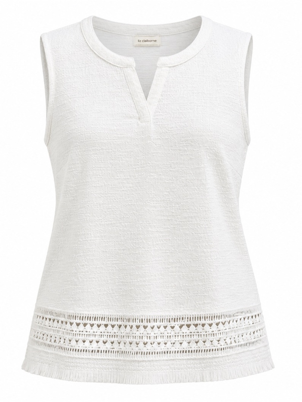 Liz Claiborne White Crochet Fringe TOP Sleeveless L w/ Fringe